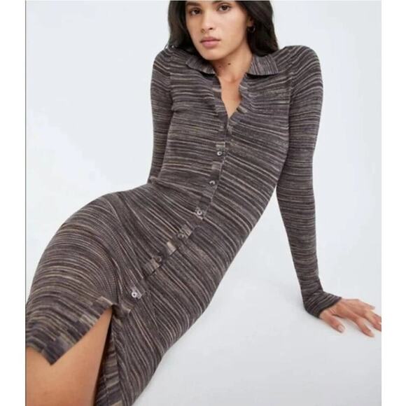 NWOT Aritizia Wilfred Cove Knit Polo Midi Dress S Striped Button-Up Bodycon - Picture 2 of 12